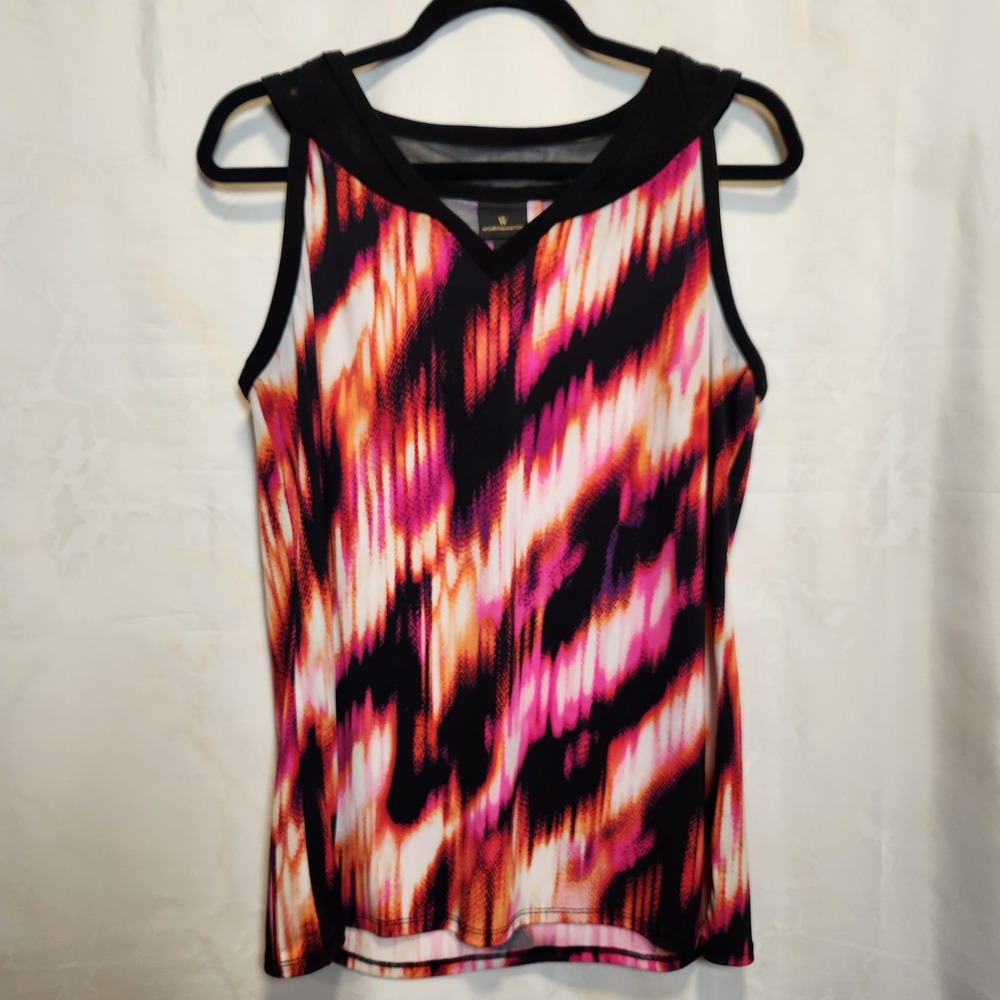 Worthington Sleeveless Mesh Neck Blouse Women's L Tie-Dye Multi-Color V-Neck